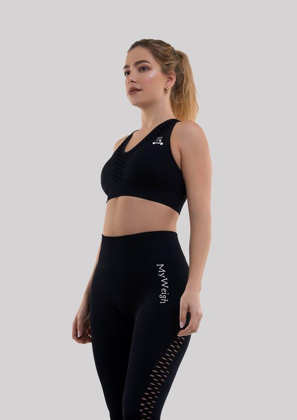 Racerback Sports Bra | Removable Padding | Supportive Ribbed Waistband | Black | MyWeigh